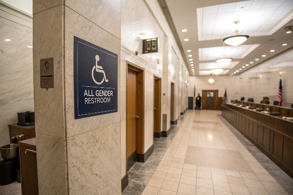 All-gender restroom sign in a public building hallway.