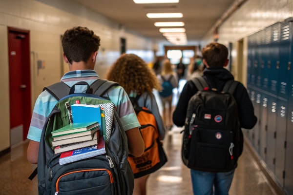 Students walking down a school hallway carrying backpacks filled with books.