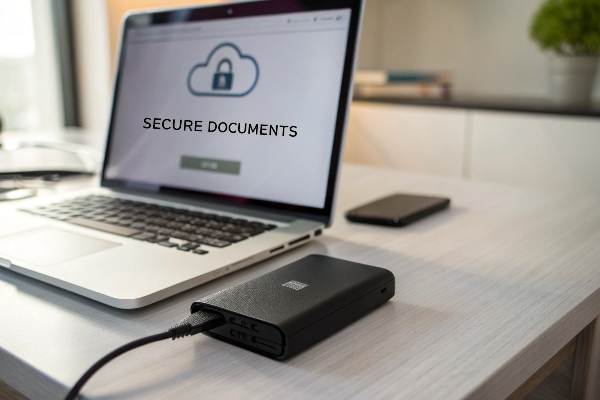 Laptop showing secure documents with external hard drive connected on desk.