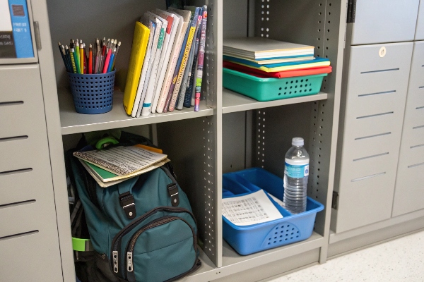 Organized school locker with books, stationery, and a backpack.