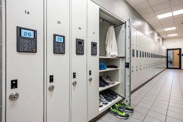 Modern gym lockers with electronic locks and open unit showing shoes and towel.