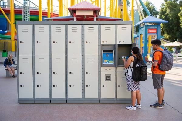 Outdoor lockers with users accessing compartments.