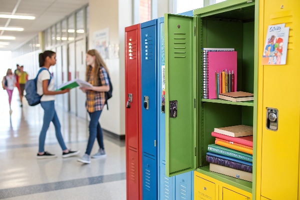 Colorful school lockers with books and supplies inside.