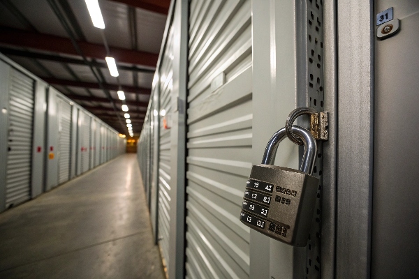 Storage unit with a combination padlock securing the door.