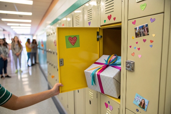 Decorated locker with a gift box inside and colorful decorations.