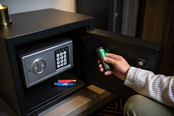 Person opening a black electronic safe with a battery.