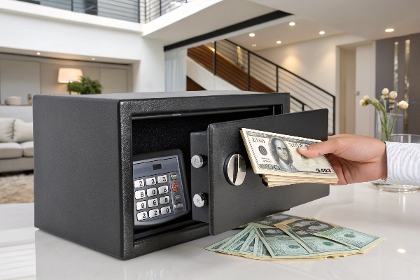 Hand placing cash into a black electronic safe on a white table.