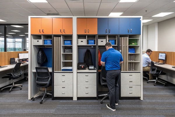 Modern office lockers with storage compartments and workers organizing items.