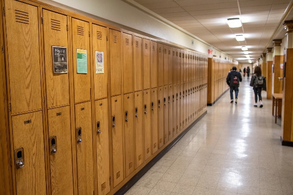 Wooden lockers in a school hallway with students walking past.