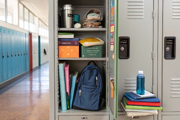 Organized locker with books, water bottle, and a backpack.