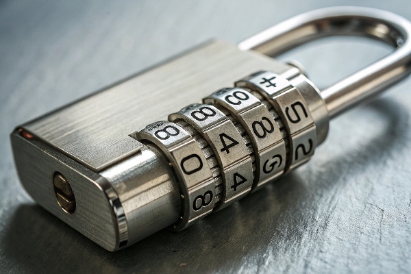 Close-up of a hand holding a combination padlock in a locker room.