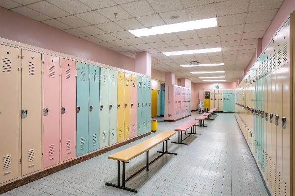 Colorful school lockers in a hallway, designed for durability and organization