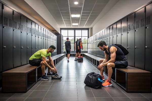 Modern gym locker room with benches and black lockers, ideal for fitness centers