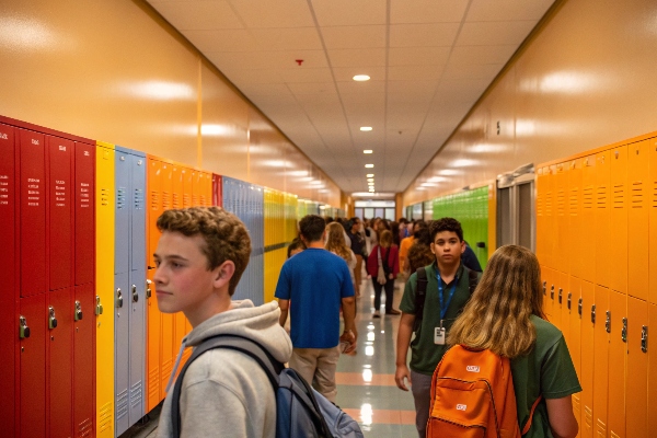 Students walking in a hallway with colorful lockers, creating a vibrant school atmosphere