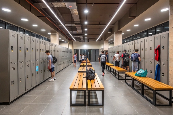 Modern locker room with spacious benches and sleek gray lockers, ideal for athletic facilities