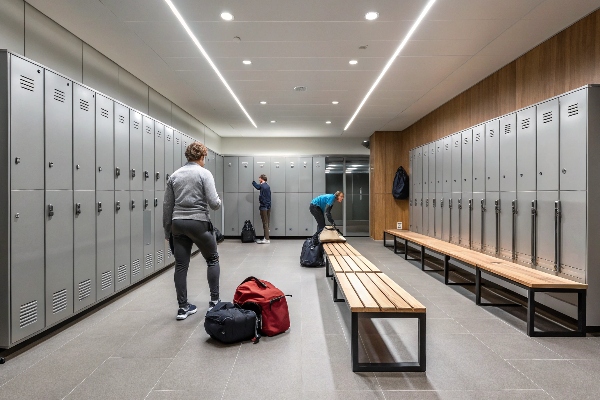 Modern locker room with gray lockers and wooden benches, designed for practicality and style