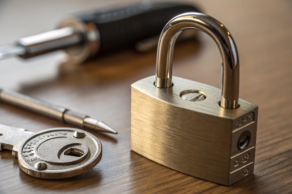 Brass padlock with a key and tools on a wooden surface.