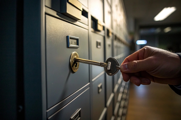 Hand turning key in filing cabinet lock, emphasizing secure access and document protection