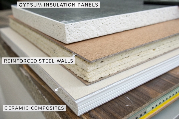 Cross-section of fireproof materials including gypsum panels, reinforced steel walls, and ceramic composites, showcasing advanced fire-resistant construction