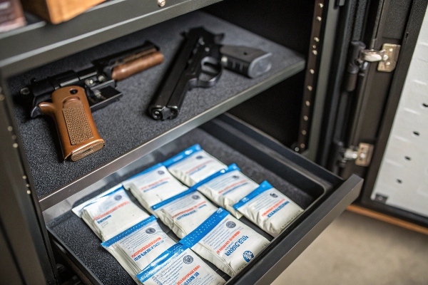 Gun safe interior with firearms and ammunition neatly organized, highlighting secure and efficient storage