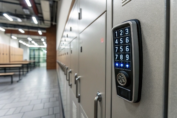 Electronic keypad lock on a locker in a modern gym hallway.