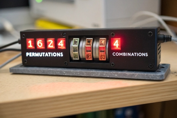 Electronic device displaying permutations and combinations on a digital screen, placed on a wooden desk.