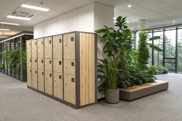 Wooden lockers in a modern office space with indoor plants.