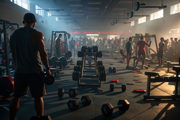 Busy gym with weights and people working out in a well-lit space.