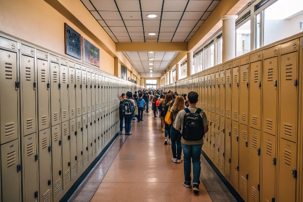 Crowded school hallway with beige lockers and students carrying backpacks.