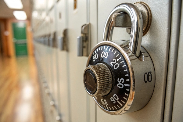 Close-up of a combination lock on a school locker.