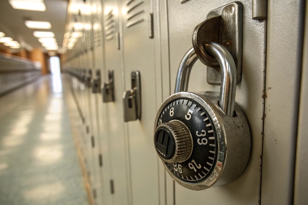 Close-up of a combination padlock securing a school locker.