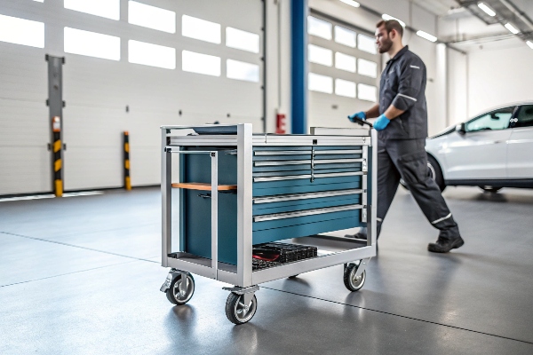 Mobile tool cart with drawers and wheels, ideal for efficient workshop organization