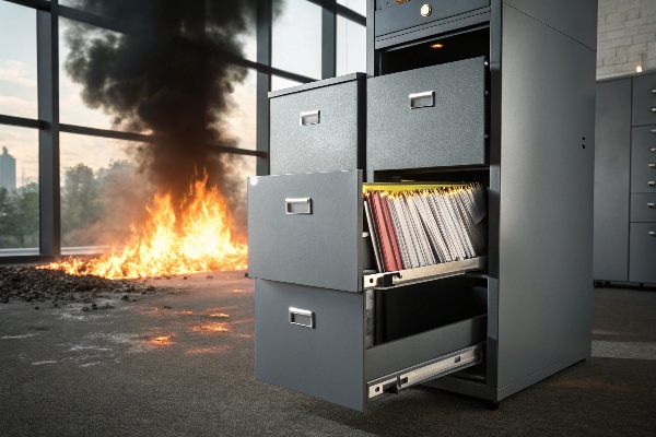 Fireproof filing cabinet protecting important documents during fire, emphasizing durability and safety