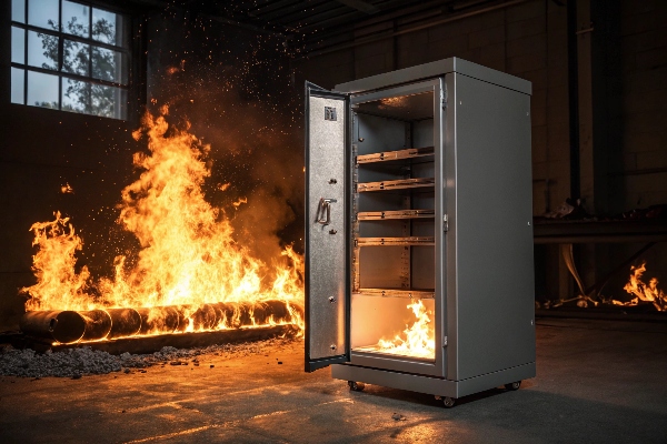 Industrial fireproof safe withstanding intense flames, showcasing extreme fire resistance and security