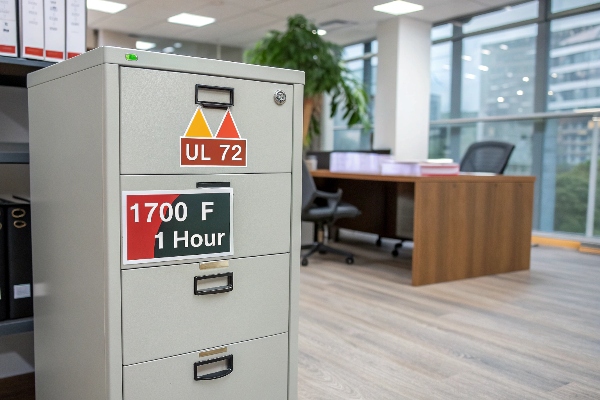 UL 72 certified fireproof cabinet in office, rated 1700°F for 1 hour, ensuring document safety