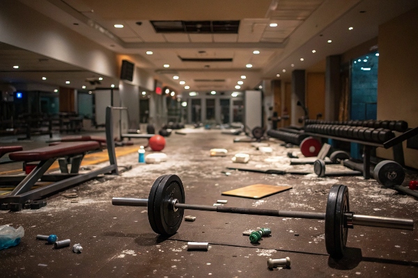 Messy gym with equipment scattered around and weights on the floor.