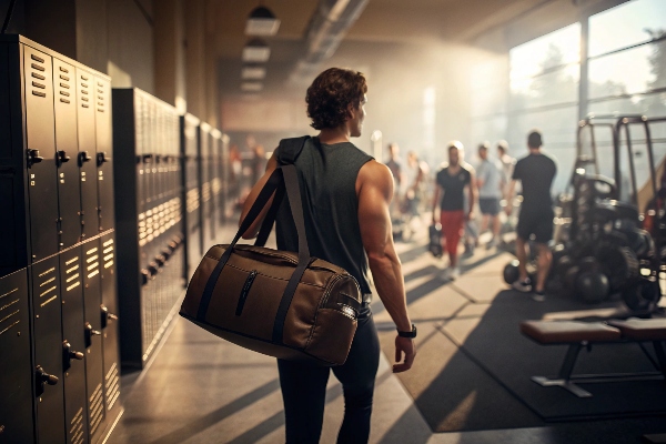 Man carrying a gym bag walking through a locker room into the gym.