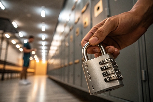 Close-up of combination padlock dials set to numbers.