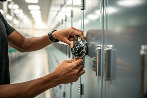 Person unlocking a combination lock on a locker.