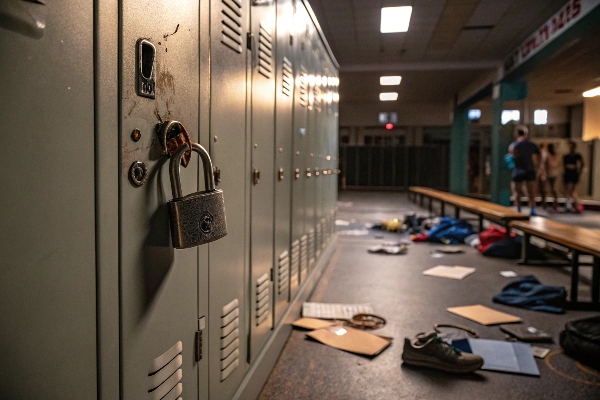 Locker room with a padlocked locker and scattered items on the floor.