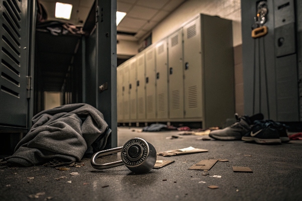 Messy locker room with a combination lock and clothes on the floor.