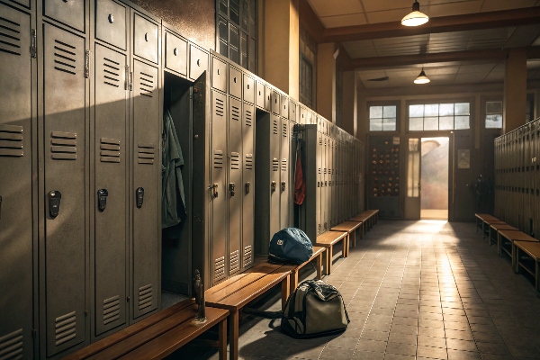 Locker room with benches, open lockers, and sports bags on the floor.