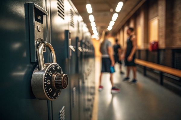 Locker secured with a combination lock, gym setting with people in the background.