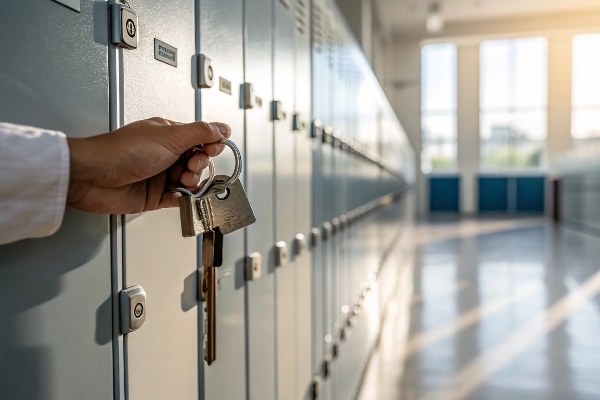 Hand holding keys in front of blue lockers in a sunlit hallway.