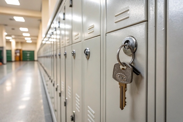 Key inserted in a locker lock along a bright hallway.