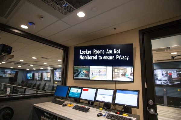 Security room with monitors displaying a message about locker room privacy.