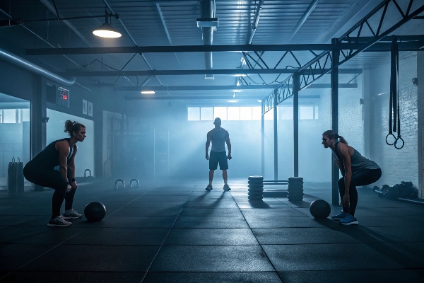 Three people working out with kettlebells in a dark, intense gym.