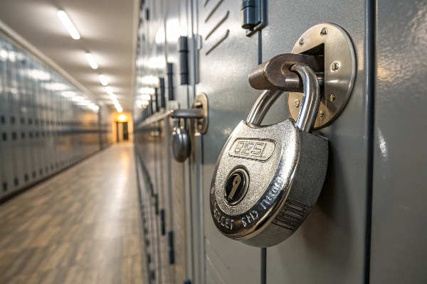 Heavy-duty padlock securing a locker in a well-lit hallway.