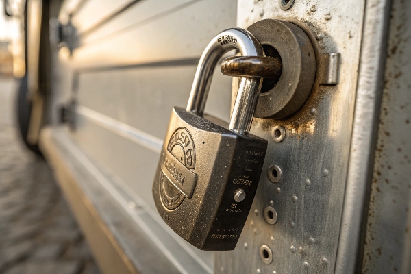 Heavy-duty padlock securing a metal door in an industrial setting.