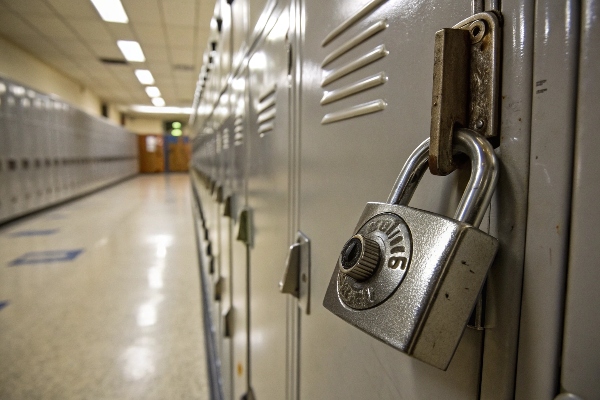 Combination padlock securing a school locker in an empty hallway.